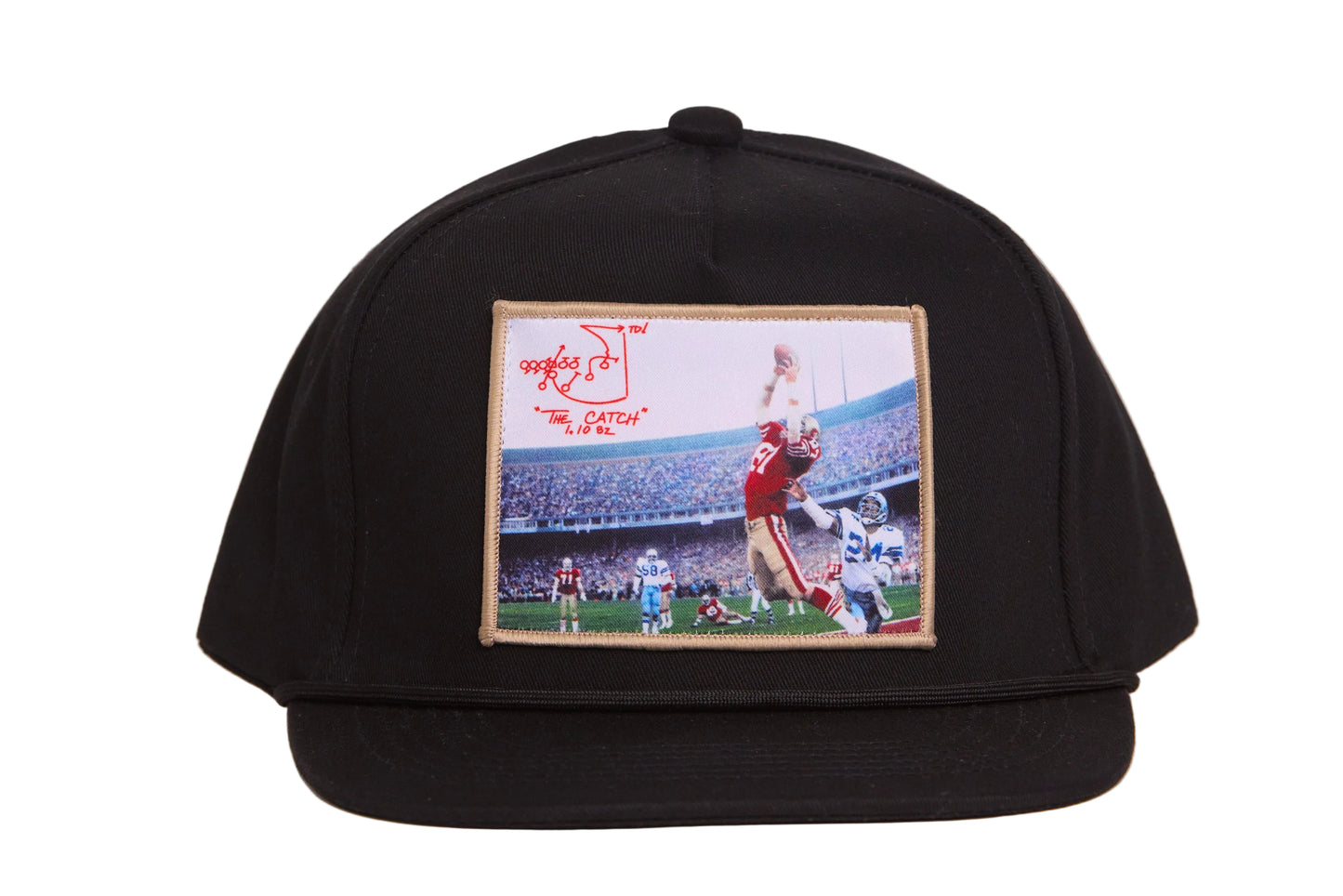 Black hat featuring a photographic patch with an image of The Catch, the legendary touchdown caught by Dwight Clark of the 49ers