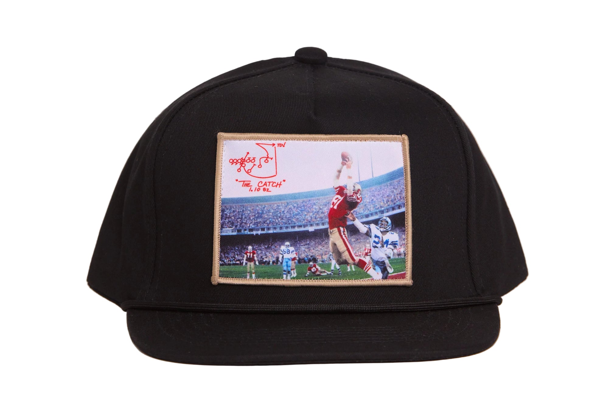 Black hat featuring a photographic patch with an image of The Catch, the legendary touchdown caught by Dwight Clark of the 49ers