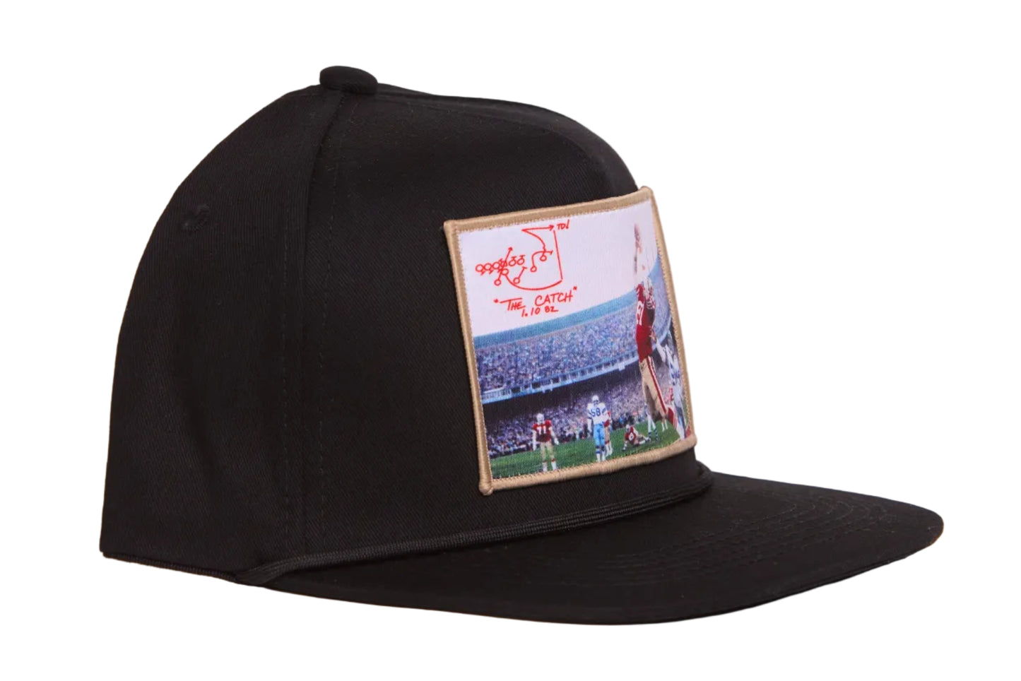 Black hat featuring a photographic patch with an image of The Catch, the legendary touchdown caught by Dwight Clark of the 49ers