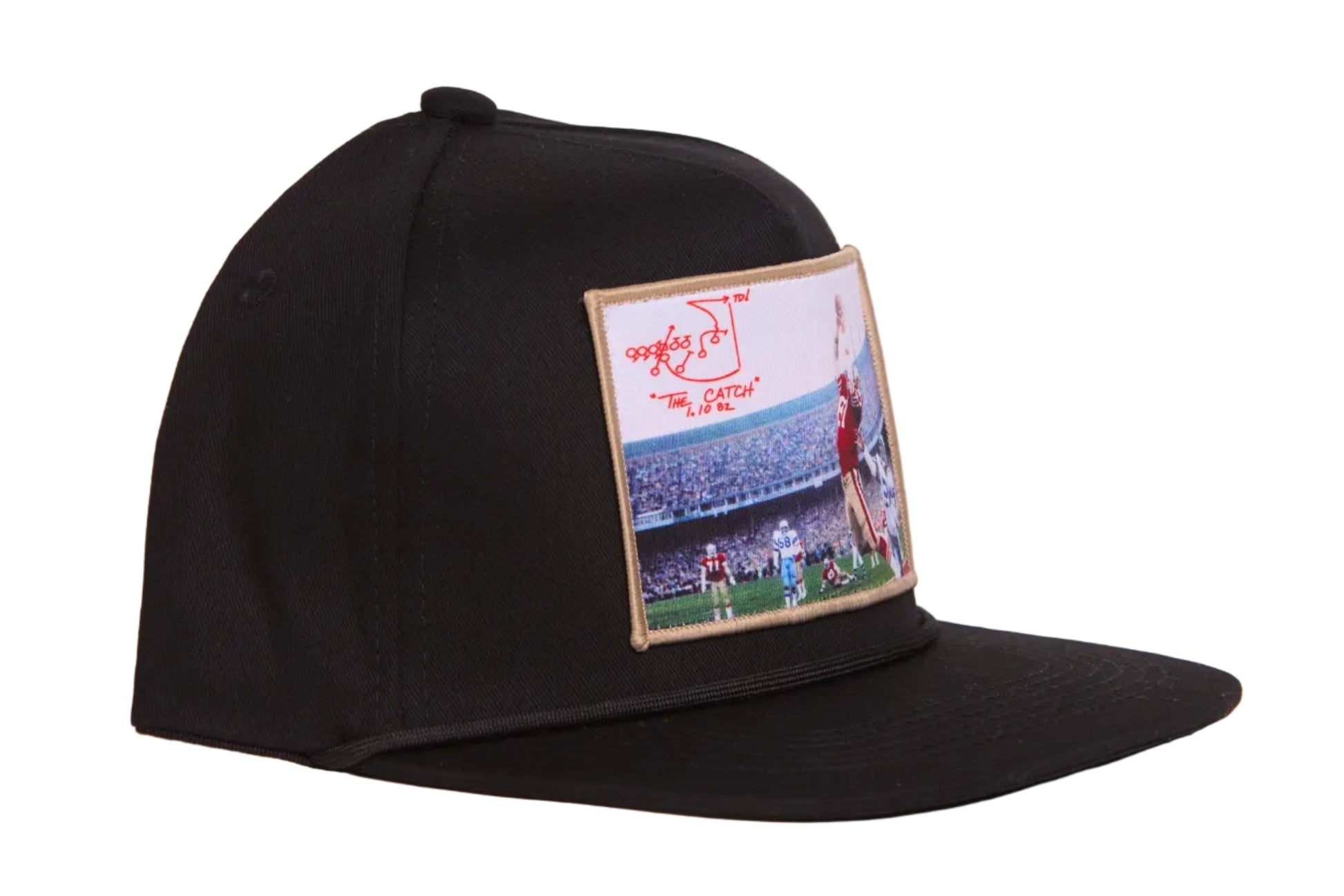 Black hat featuring a photographic patch with an image of The Catch, the legendary touchdown caught by Dwight Clark of the 49ers