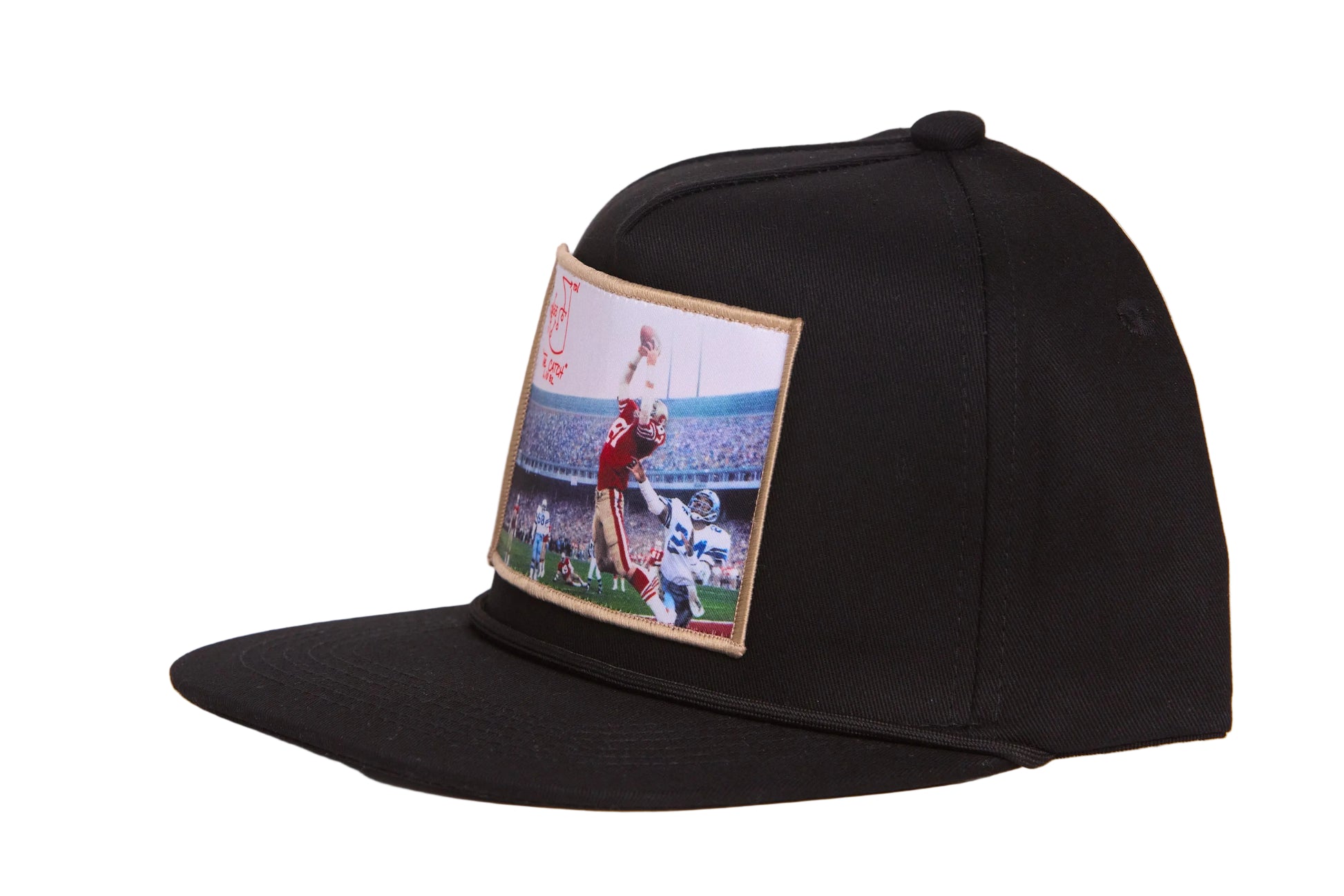 Black hat featuring a photographic patch with an image of The Catch, the legendary touchdown caught by Dwight Clark of the 49ers
