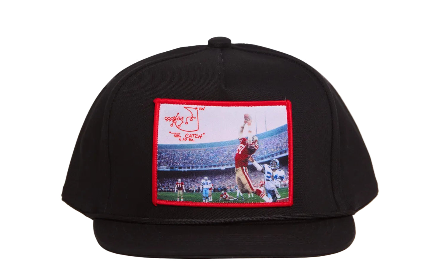 Black hat featuring a photographic patch with an image of The Catch, the legendary touchdown caught by Dwight Clark of the 49ers