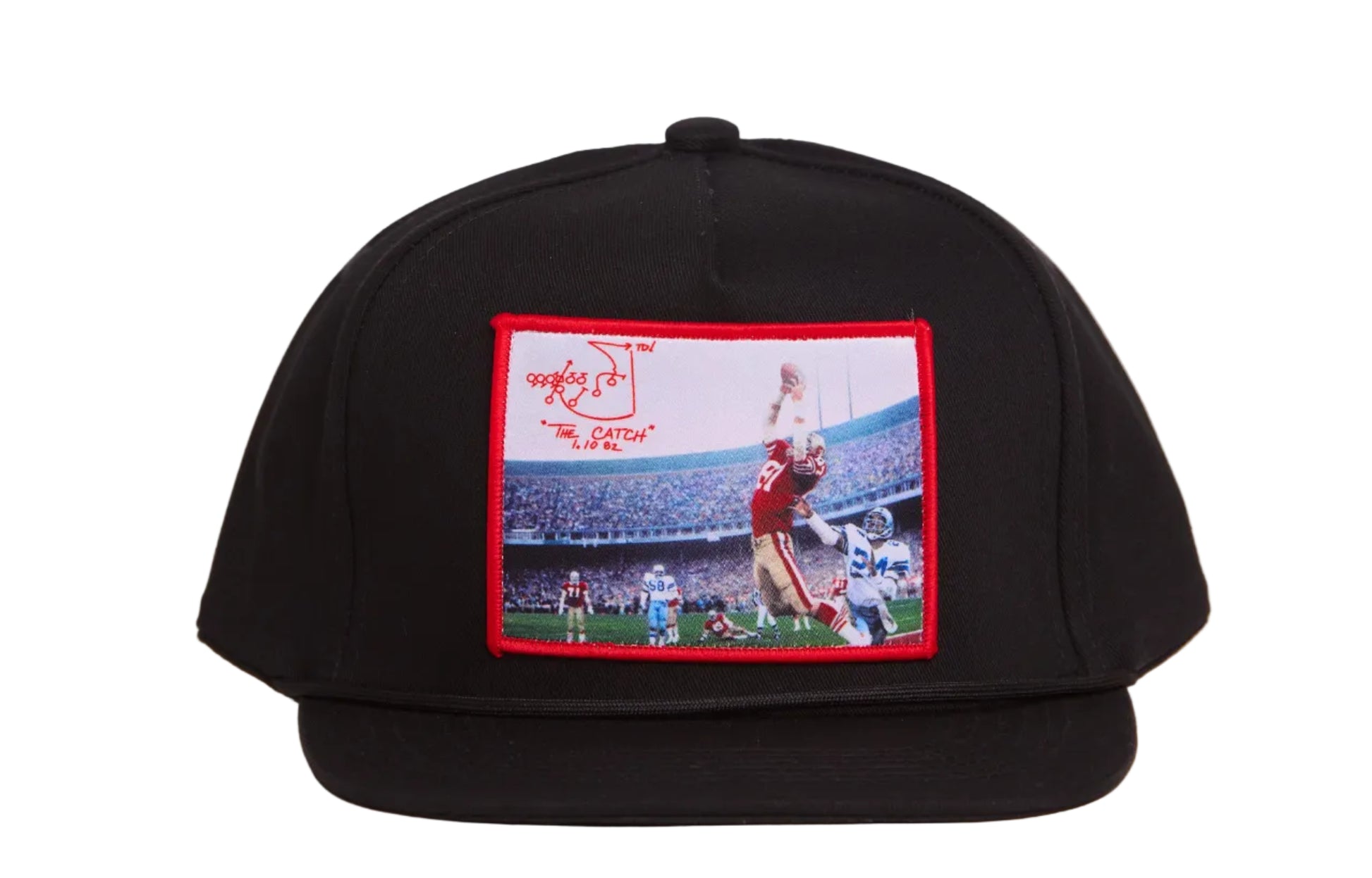 Black hat featuring a photographic patch with an image of The Catch, the legendary touchdown caught by Dwight Clark of the 49ers