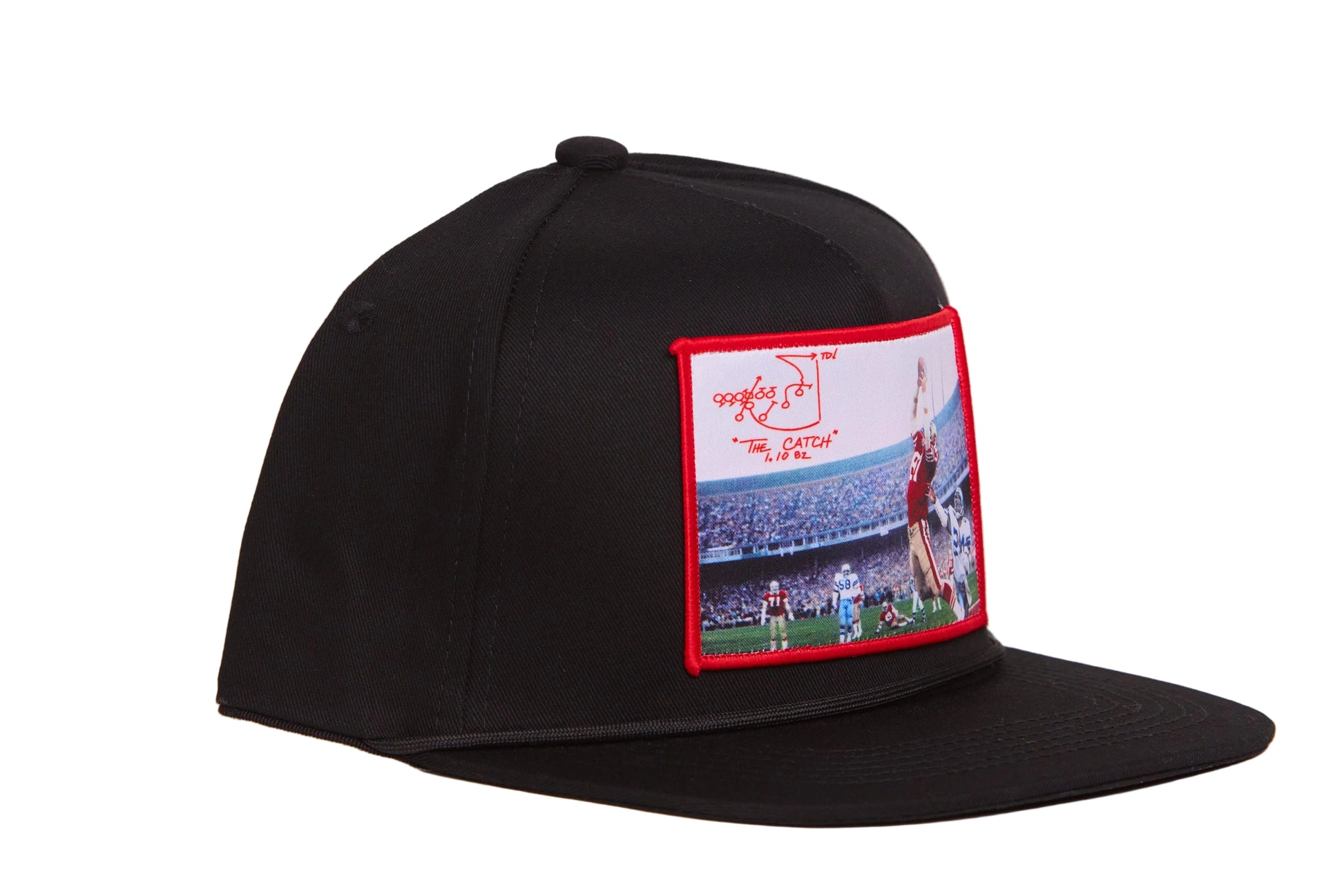 Black hat featuring a photographic patch with an image of The Catch, the legendary touchdown caught by Dwight Clark of the 49ers