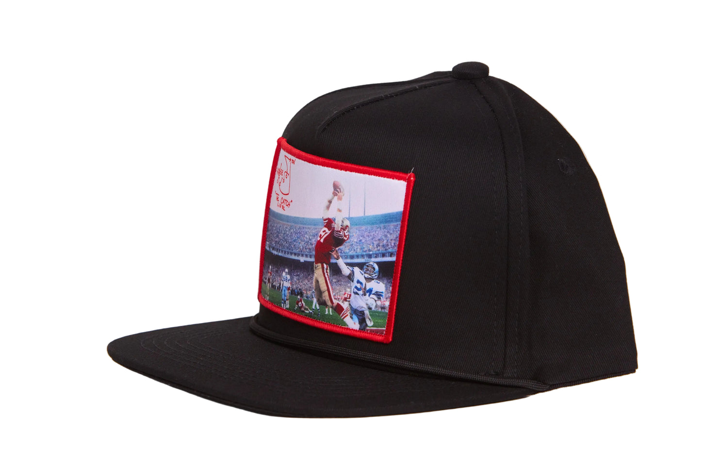 Black hat featuring a photographic patch with an image of The Catch, the legendary touchdown caught by Dwight Clark of the 49ers