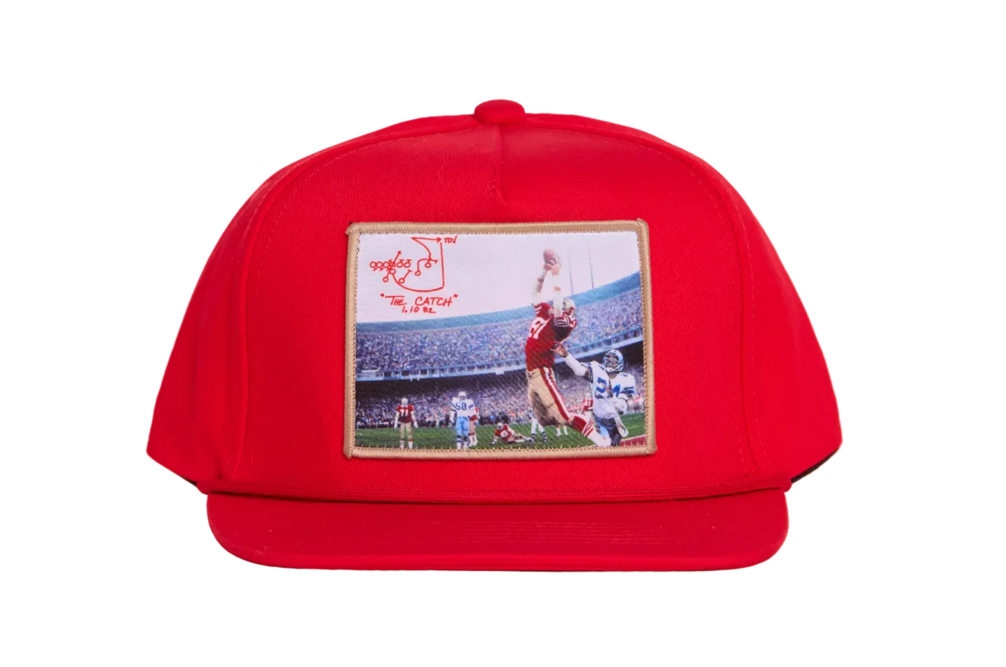 Red hat featuring a photographic patch with a gold border.  The image is of The Catch, the legendary touchdown caught by Dwight Clark of the 49ers