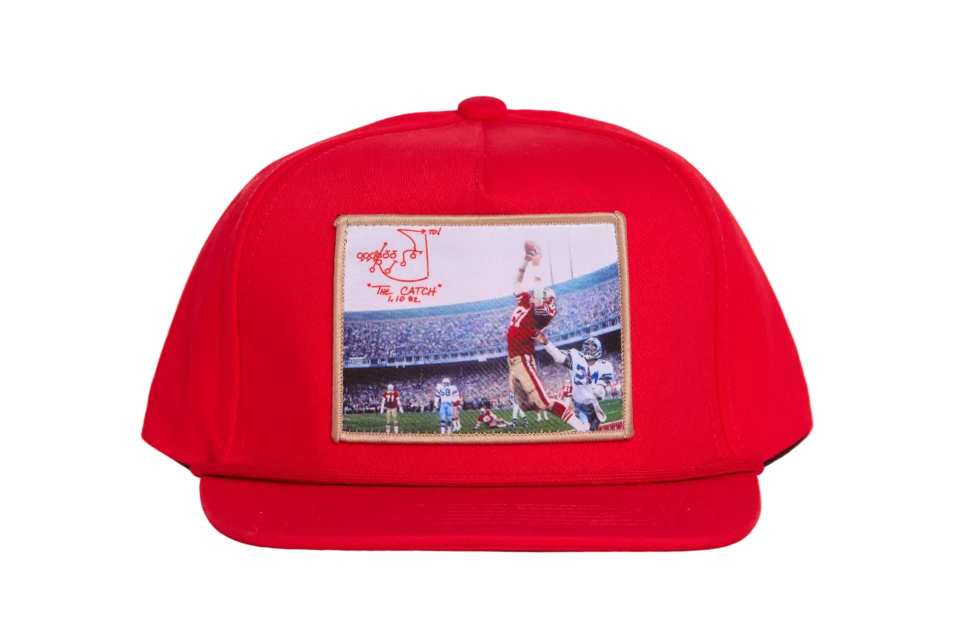 Red hat featuring a photographic patch with a gold border.  The image is of The Catch, the legendary touchdown caught by Dwight Clark of the 49ers