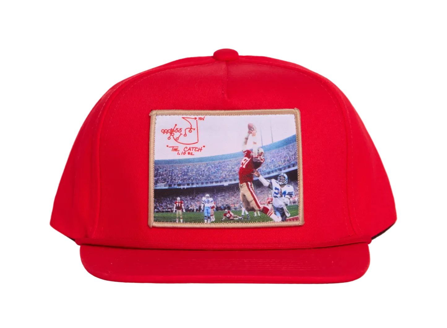 Red hat featuring a photographic patch with an image of The Catch, the legendary touchdown caught by Dwight Clark of the 49ers