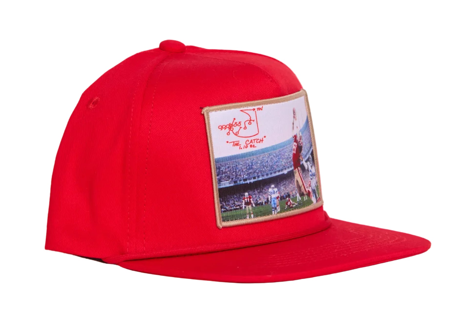 Red hat featuring a photographic patch with a gold border.  The image is of The Catch, the legendary touchdown caught by Dwight Clark of the 49ers