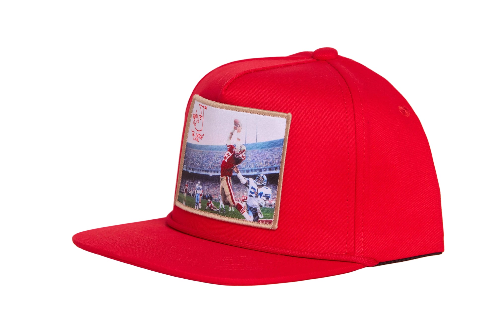 Red hat featuring a photographic patch with a gold border.  The image is of The Catch, the legendary touchdown caught by Dwight Clark of the 49ers