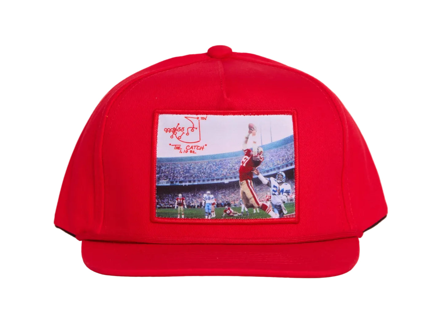 Red hat featuring a photographic patch with an image of The Catch, the legendary touchdown caught by Dwight Clark of the 49ers