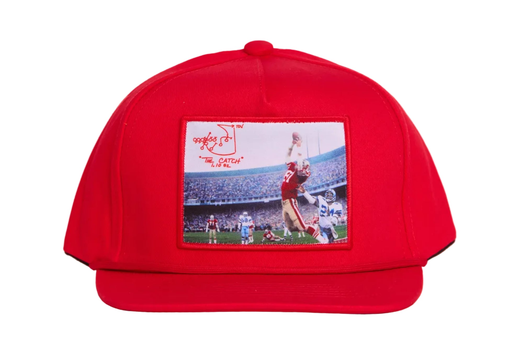 Red hat featuring a photographic patch with an image of The Catch, the legendary touchdown caught by Dwight Clark of the 49ers