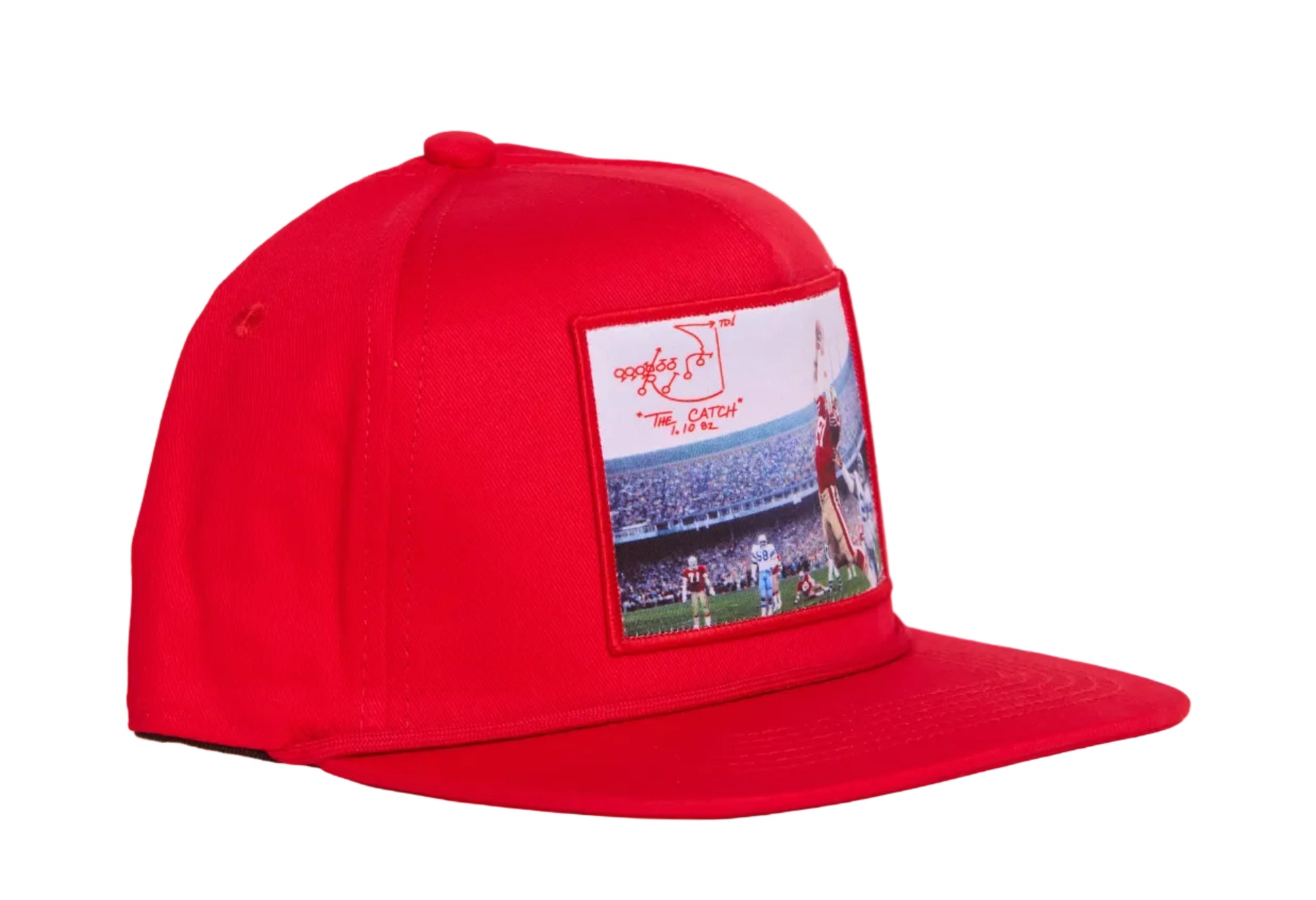 Red hat featuring a photographic patch with an image of The Catch, the legendary touchdown caught by Dwight Clark of the 49ers