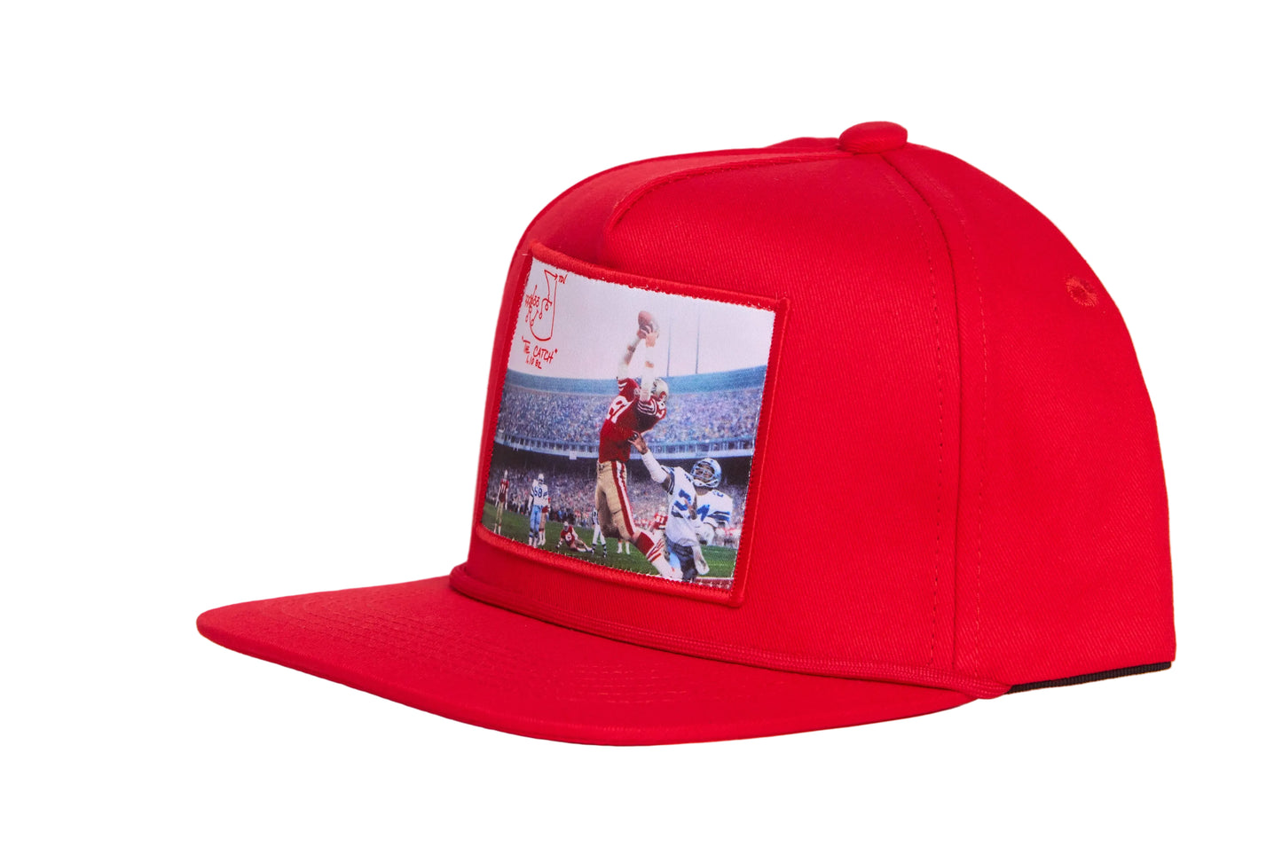Red hat featuring a photographic patch with an image of The Catch, the legendary touchdown caught by Dwight Clark of the 49ers