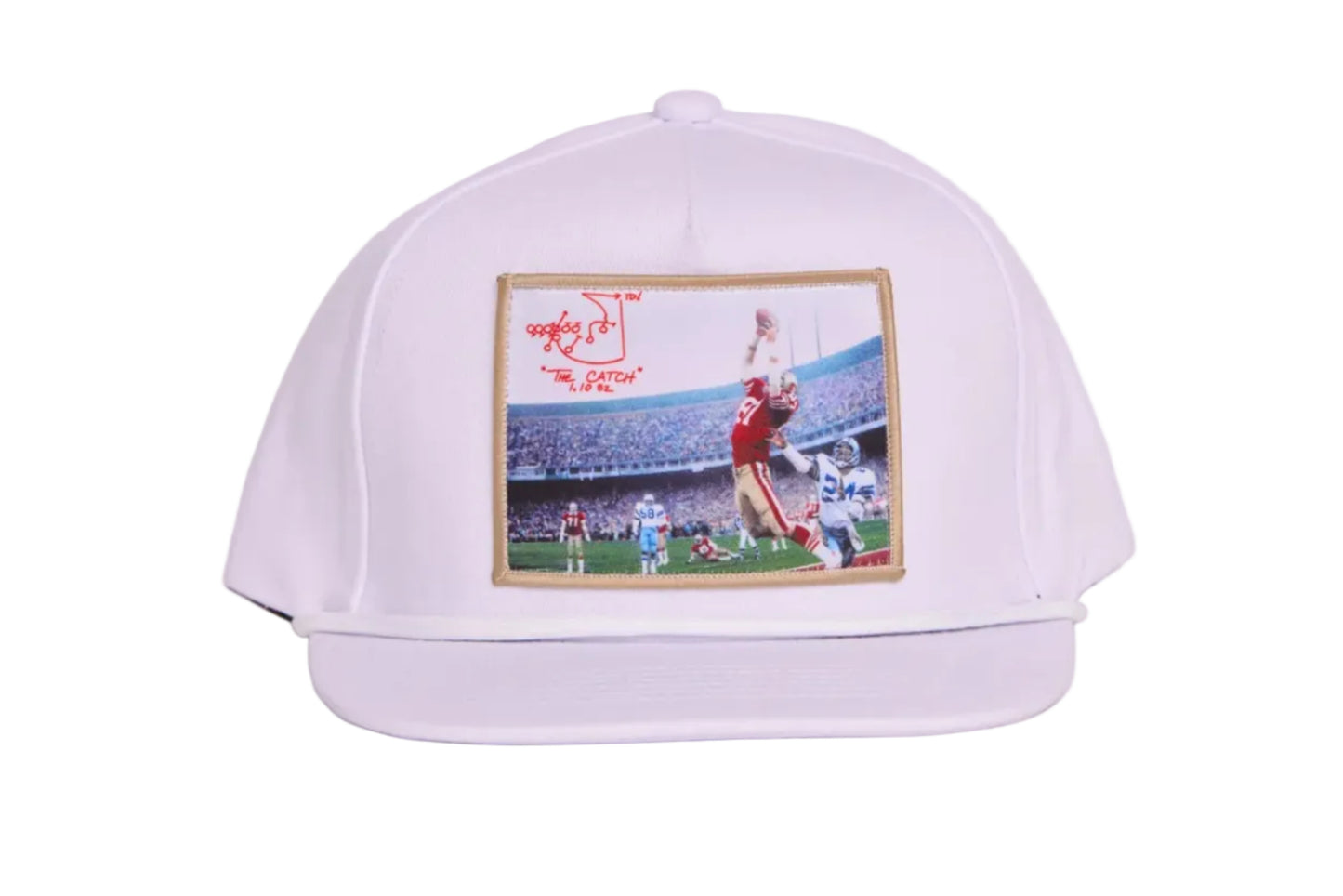 White hat featuring a photographic patch with an image of The Catch, the legendary touchdown caught by Dwight Clark of the 49ers