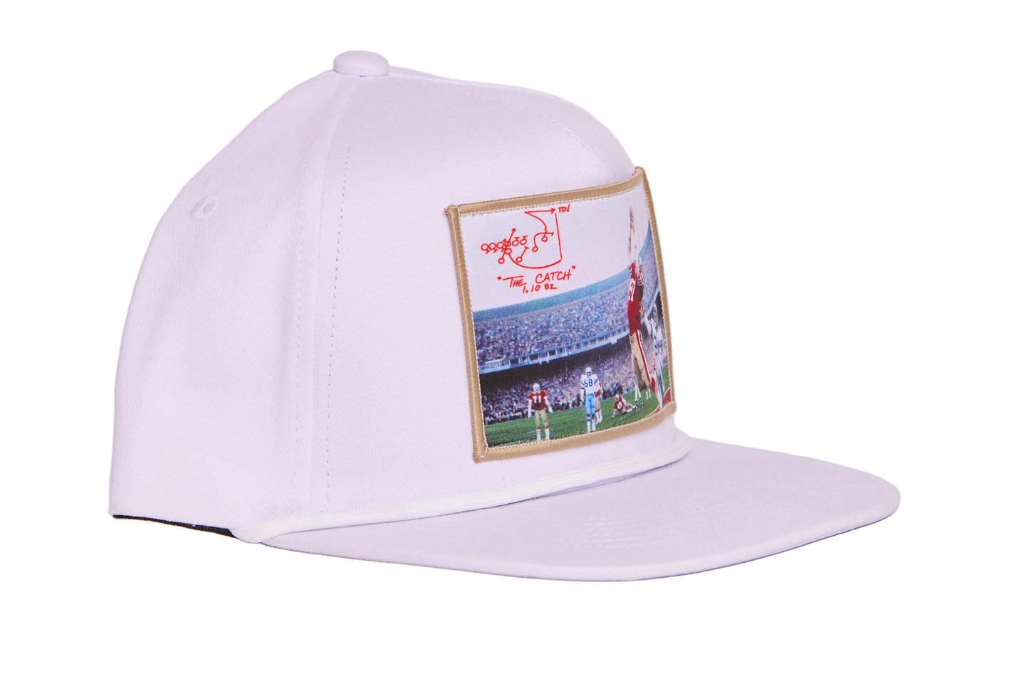 White hat featuring a photographic patch with an image of The Catch, the legendary touchdown caught by Dwight Clark of the 49ers
