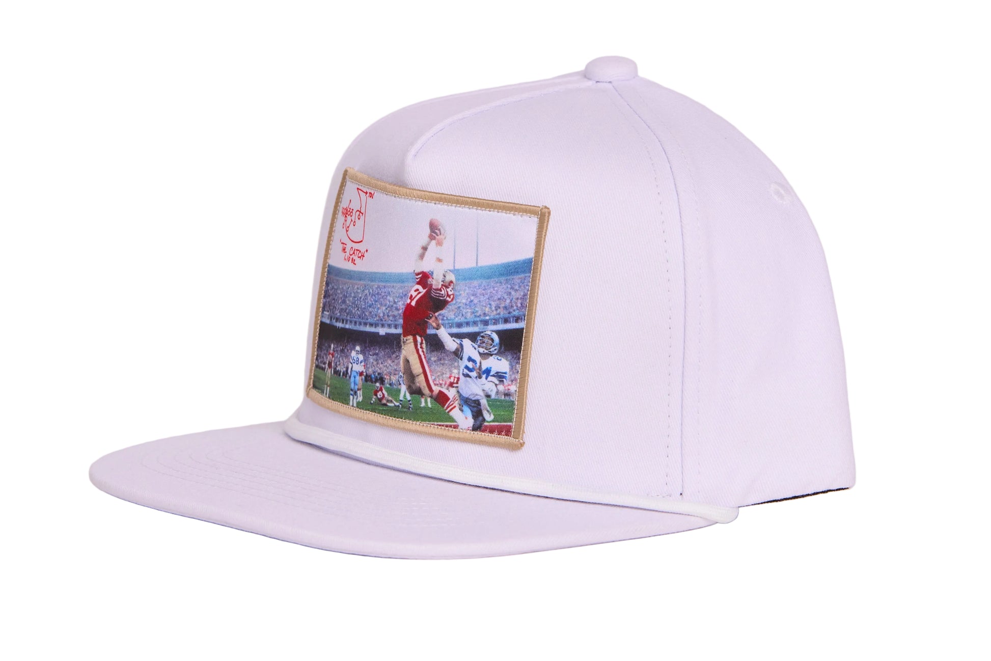 White hat featuring a photographic patch with an image of The Catch, the legendary touchdown caught by Dwight Clark of the 49ers