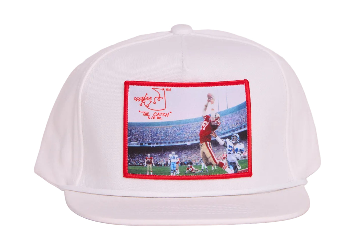 White hat featuring a photographic patch with an image of The Catch, the legendary touchdown caught by Dwight Clark of the 49ers