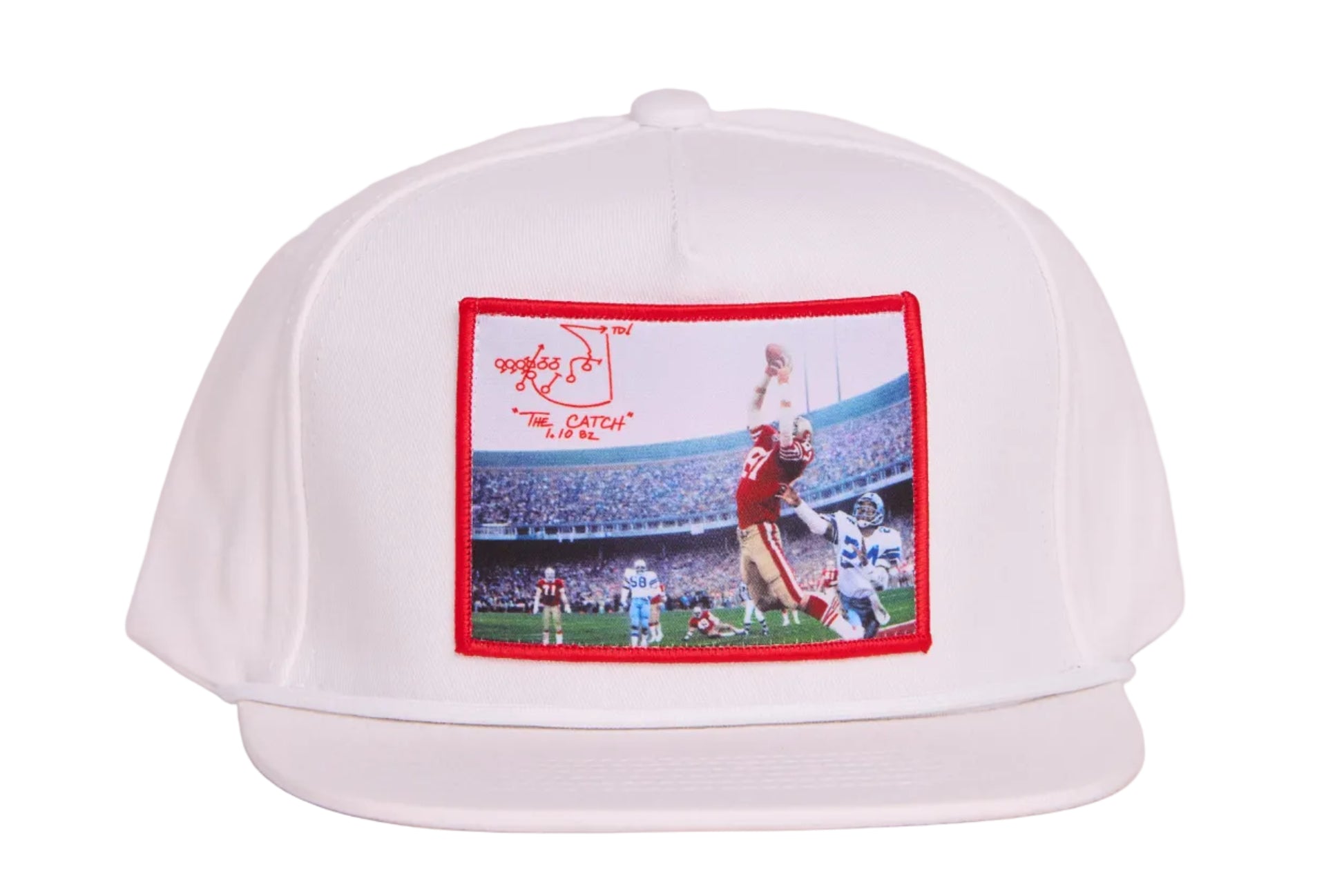 White hat featuring a photographic patch with an image of The Catch, the legendary touchdown caught by Dwight Clark of the 49ers