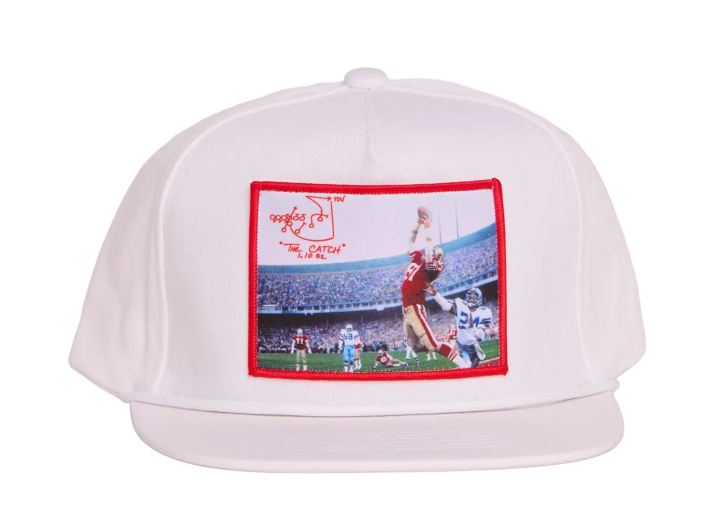 White hat featuring a photographic patch with an image of The Catch, the legendary touchdown caught by Dwight Clark of the 49ers