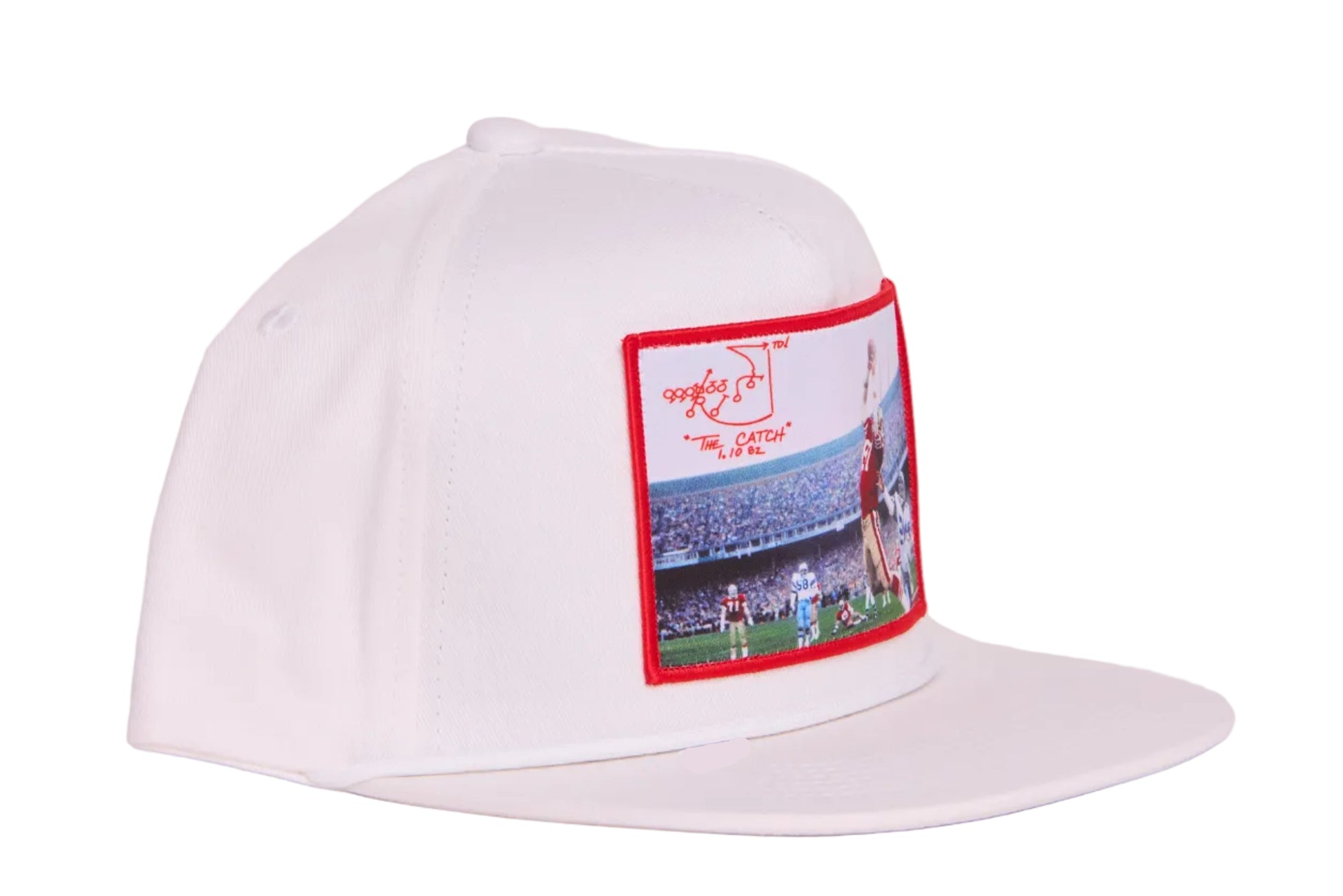 White hat featuring a photographic patch with an image of The Catch, the legendary touchdown caught by Dwight Clark of the 49ers