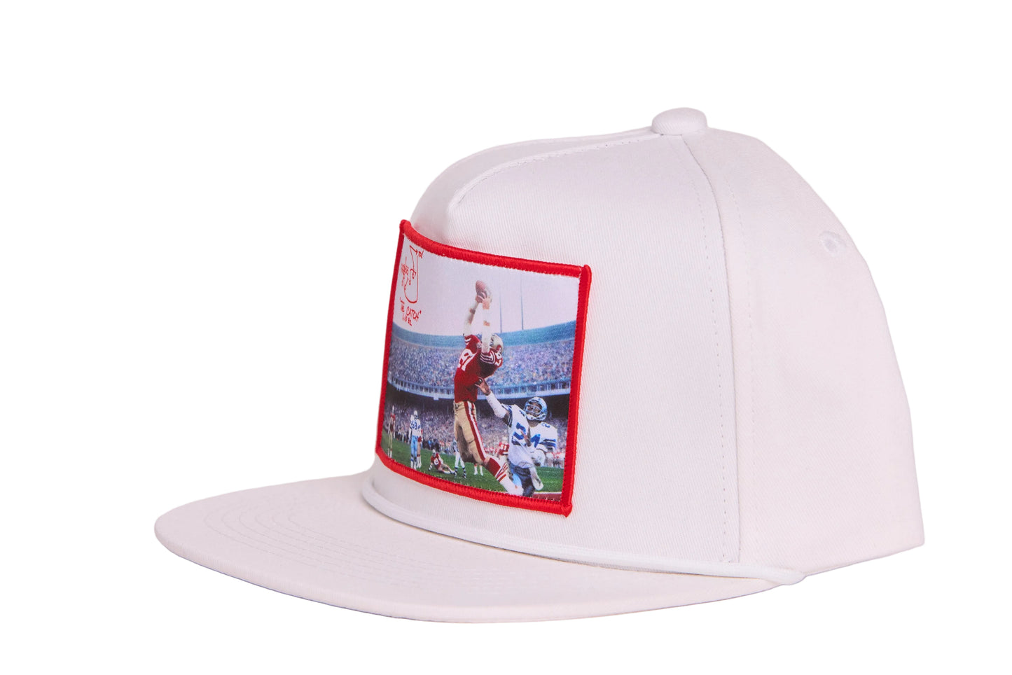 White hat featuring a photographic patch with an image of The Catch, the legendary touchdown caught by Dwight Clark of the 49ers