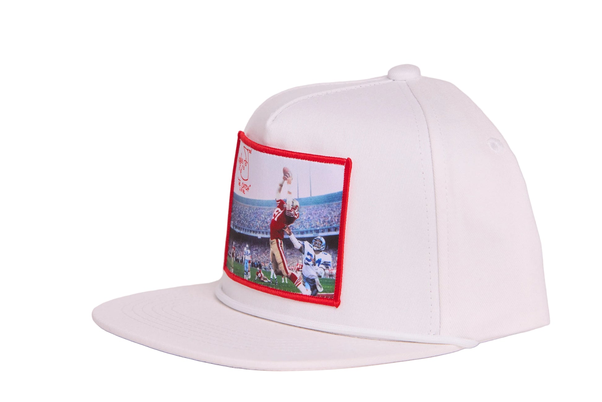 White hat featuring a photographic patch with an image of The Catch, the legendary touchdown caught by Dwight Clark of the 49ers