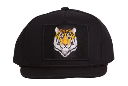 Black hat featuring closeup tiger face design patch