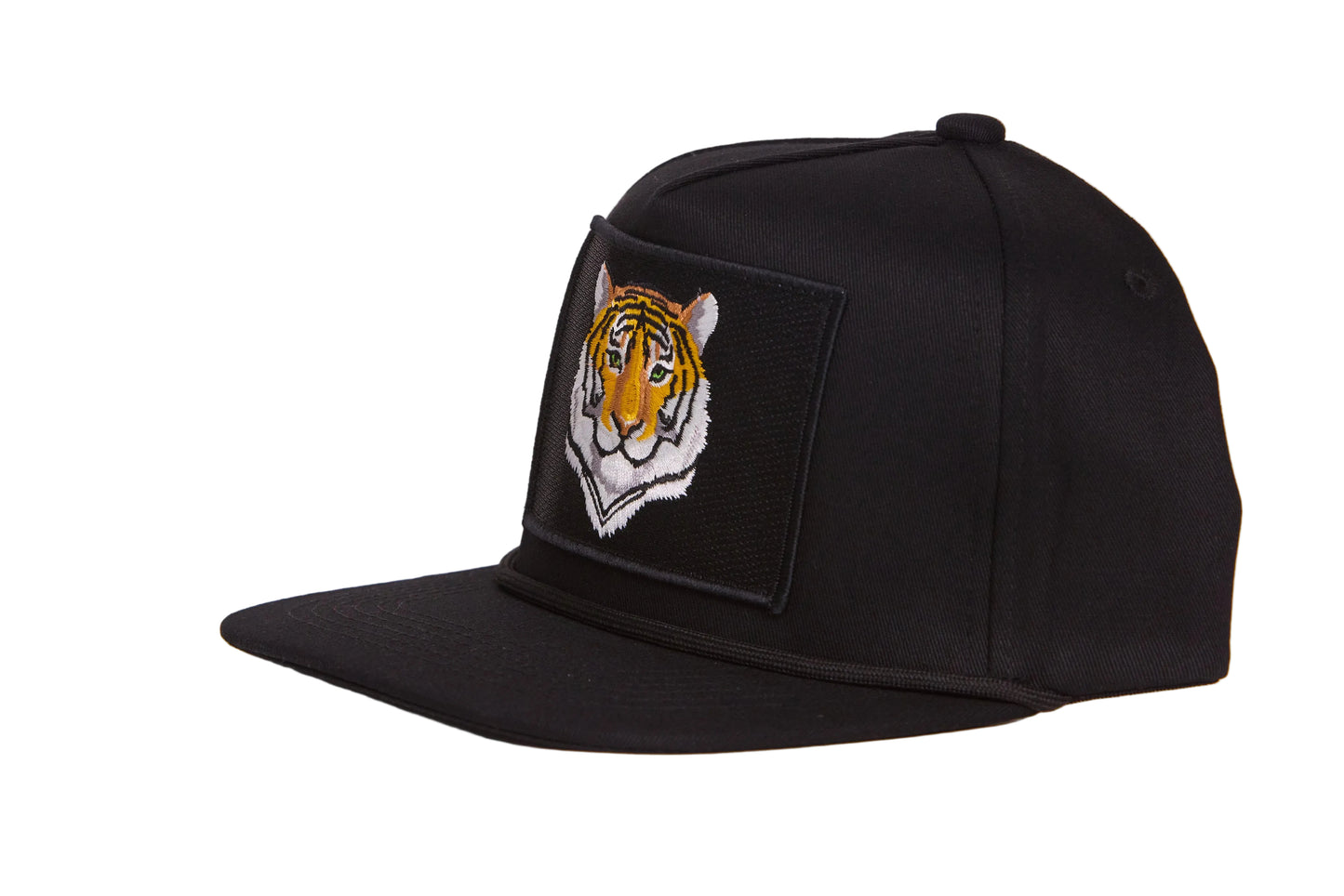 Black hat featuring closeup tiger face design patch