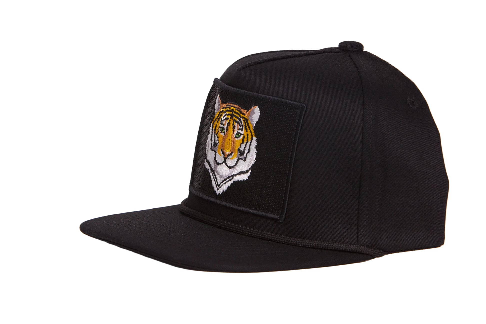 Black hat featuring closeup tiger face design patch