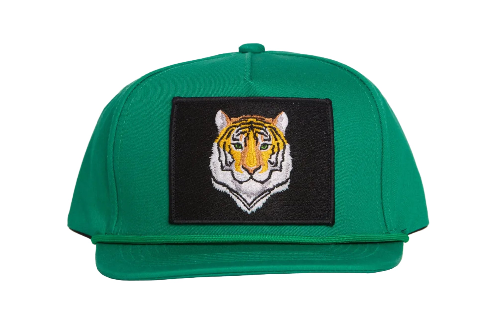 Green hat featuring closeup tiger face design patch