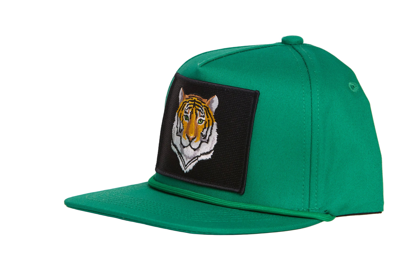 Green hat featuring closeup tiger face design patch
