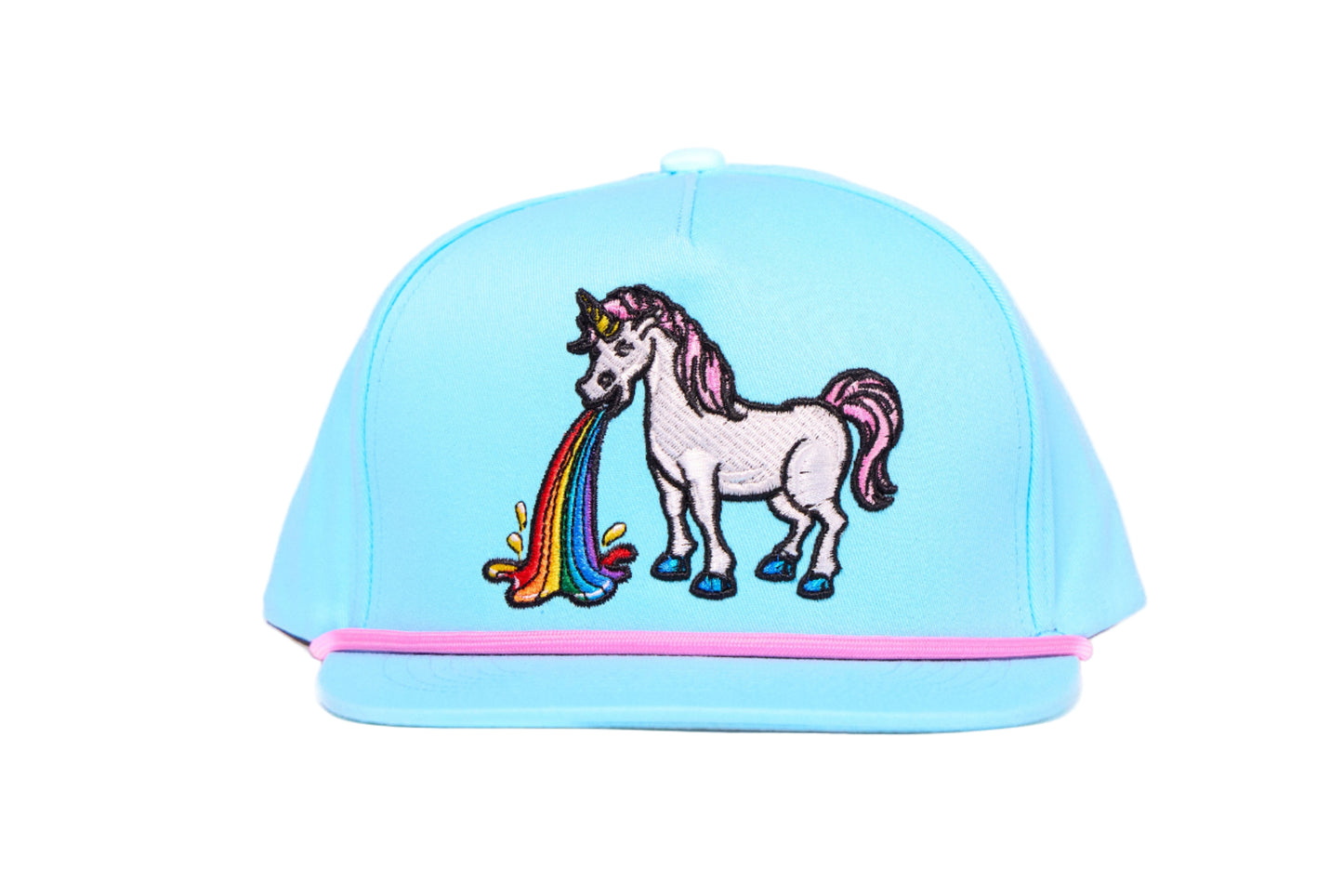 Baby blue flat bill hat featuring an embroidered design of a unicorn barfing a rainbow