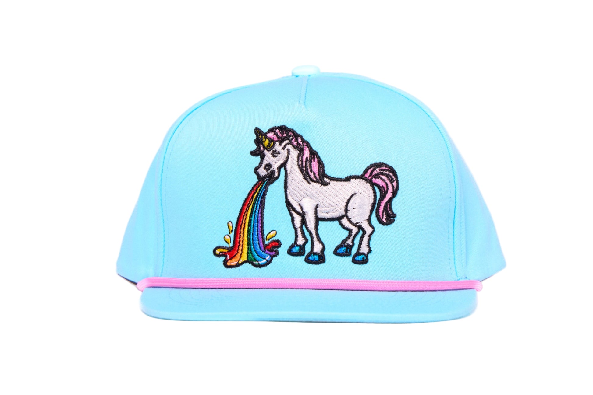 Baby blue flat bill hat featuring an embroidered design of a unicorn barfing a rainbow