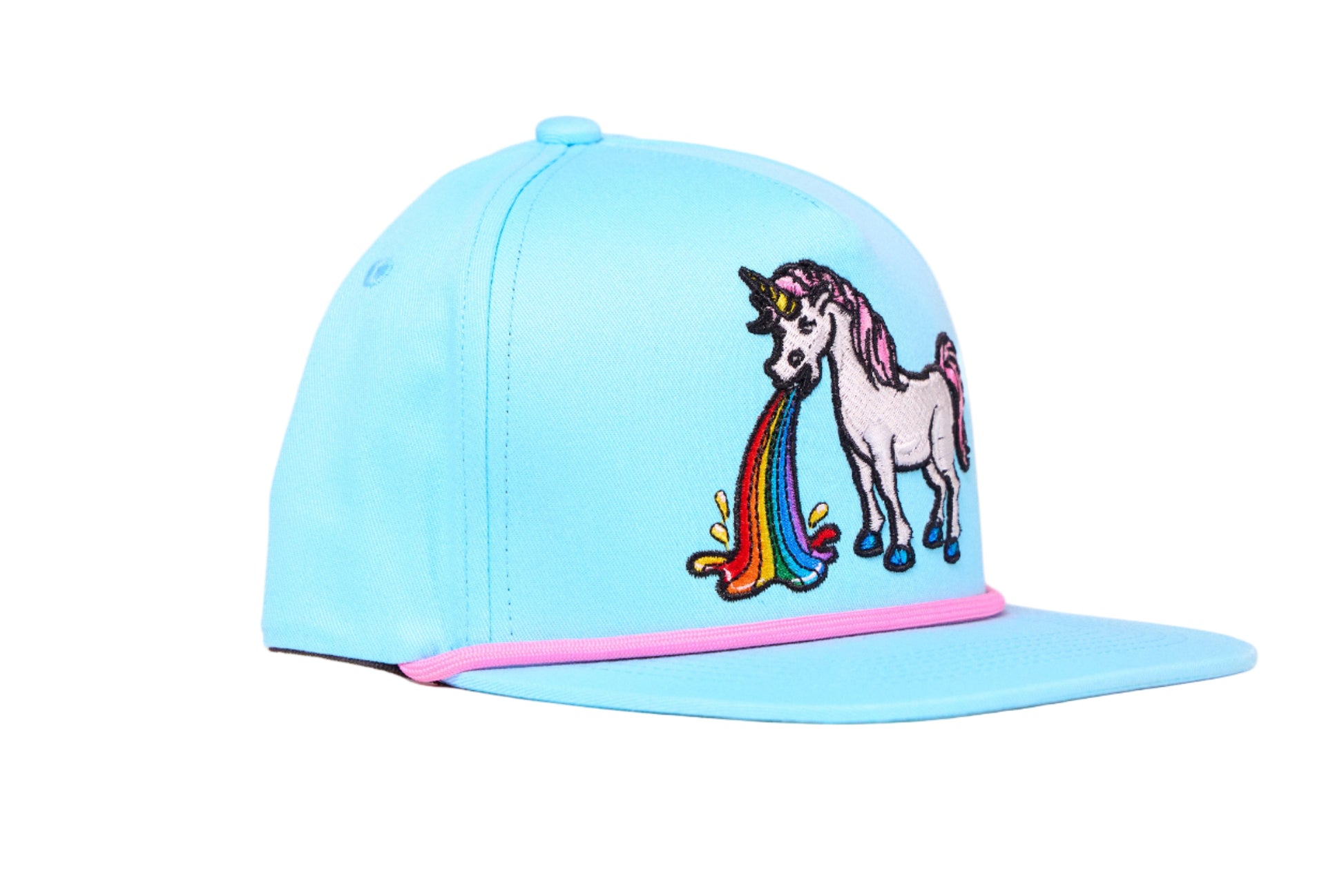 Baby blue flat bill hat featuring an embroidered design of a unicorn barfing a rainbow