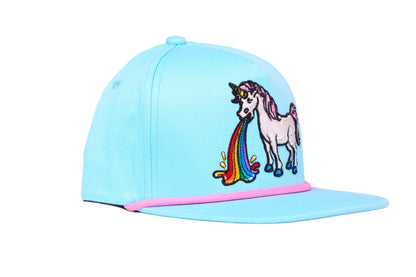 Baby blue flat bill hat featuring an embroidered design of a unicorn barfing a rainbow