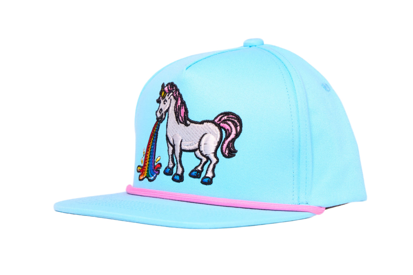 Baby blue flat bill hat featuring an embroidered design of a unicorn barfing a rainbow