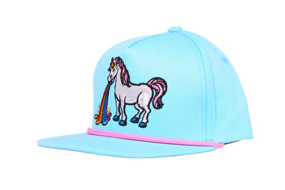 Baby blue flat bill hat featuring an embroidered design of a unicorn barfing a rainbow