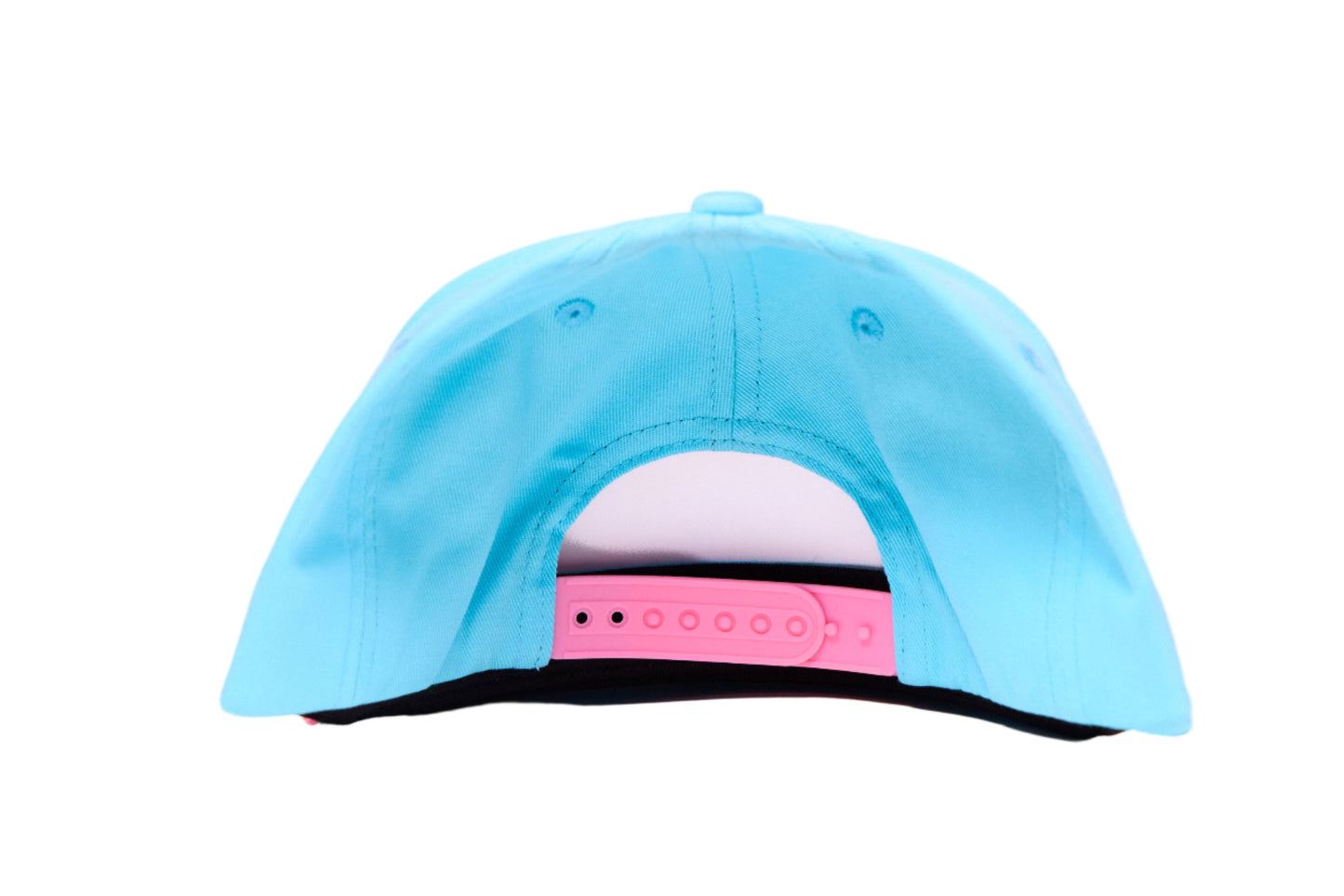 Baby blue flat bill hat featuring an embroidered design of a unicorn barfing a rainbow