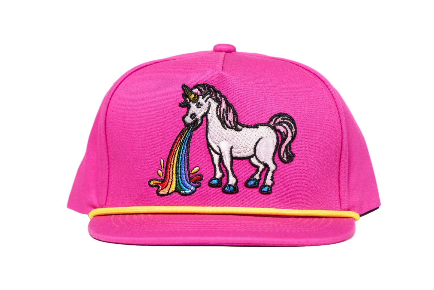 Fuchsia flat bill hat featuring an embroidered design of a unicorn barfing a rainbow