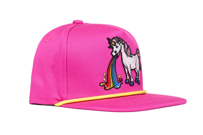 Fuchsia flat bill hat featuring an embroidered design of a unicorn barfing a rainbow
