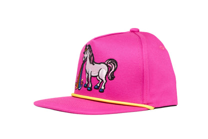 Fuchsia flat bill hat featuring an embroidered design of a unicorn barfing a rainbow
