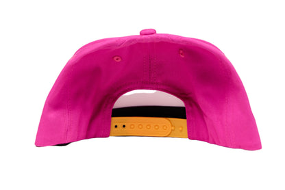 Fuchsia flat bill hat featuring an embroidered design of a unicorn barfing a rainbow