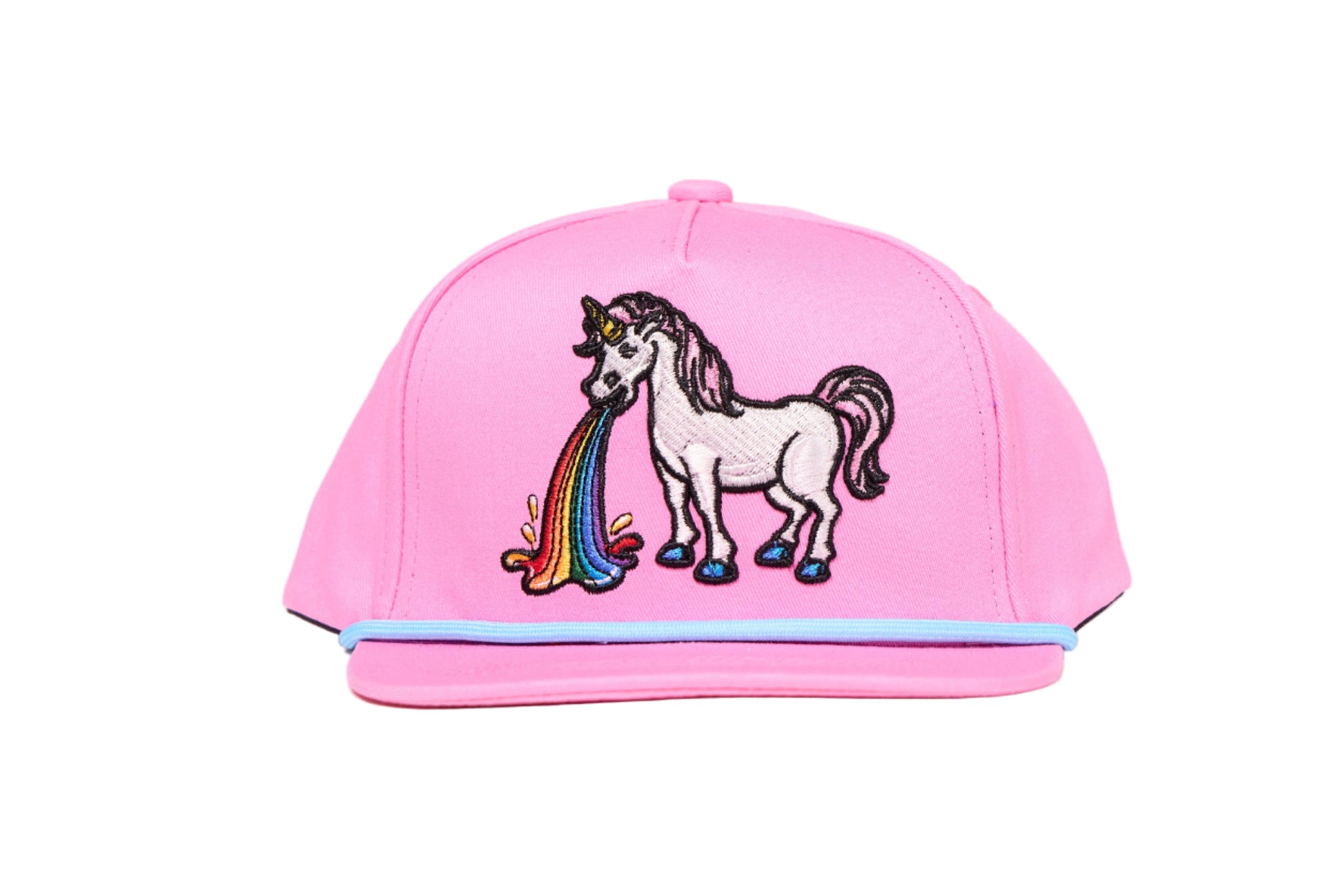 Pink cap with an embroidered design of a unicorn barfing a rainbow 