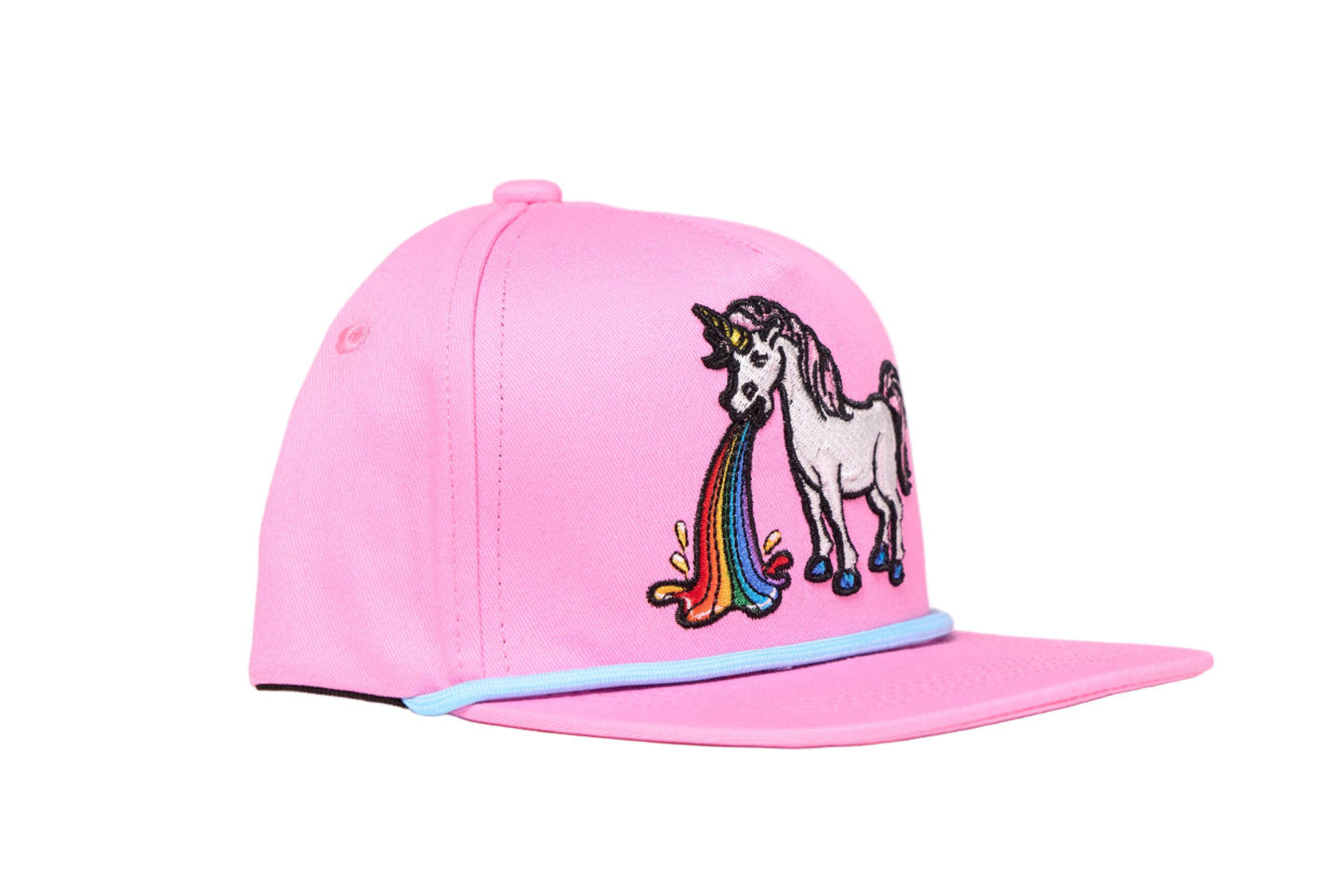 Pink cap with an embroidered design of a unicorn barfing a rainbow 