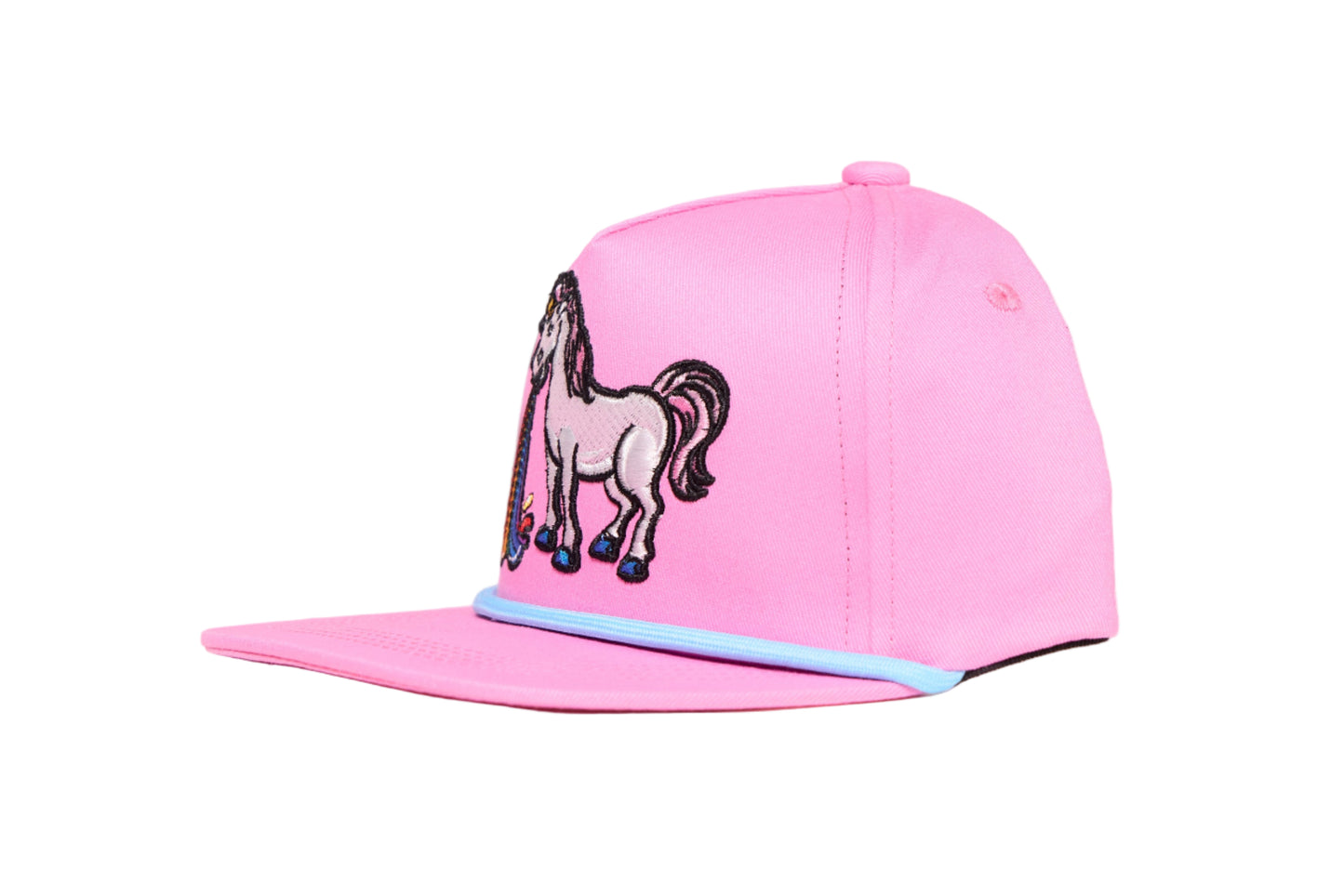 Pink cap with an embroidered design of a unicorn barfing a rainbow 