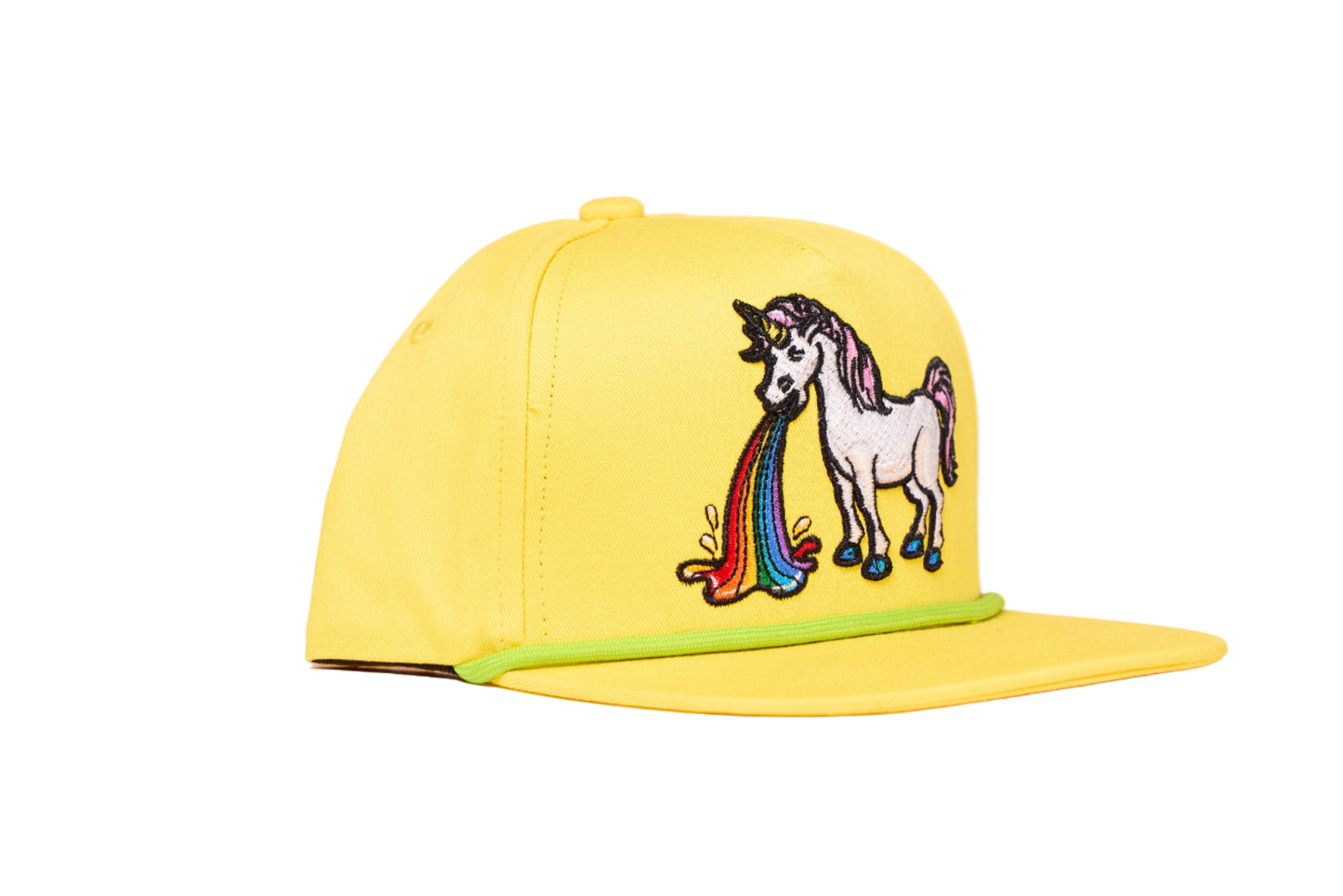 Yellow cap with an embroidered design of a unicorn barfing a rainbow 
