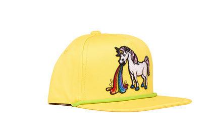 Yellow cap with an embroidered design of a unicorn barfing a rainbow 