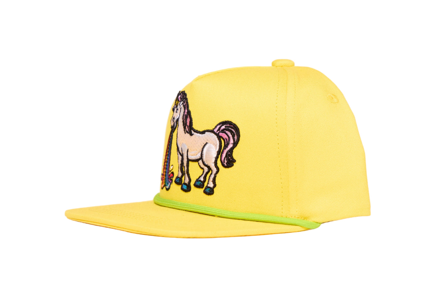Yellow cap with an embroidered design of a unicorn barfing a rainbow 