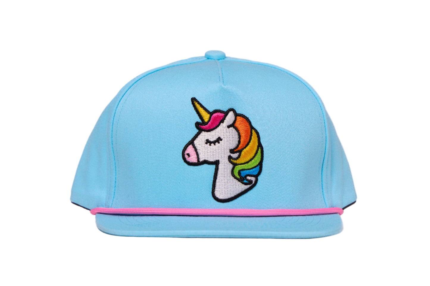 Baby blue hat with a 3-D embroidered unicorn design 